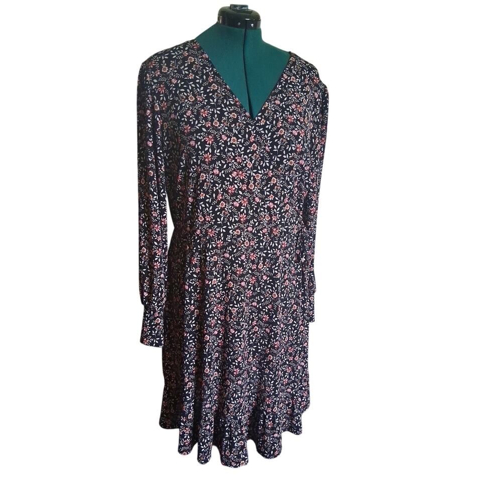 Kaleigh Womens 3X Black Floral Faux Wrap Long Sleeve Ruffle Hem Dress